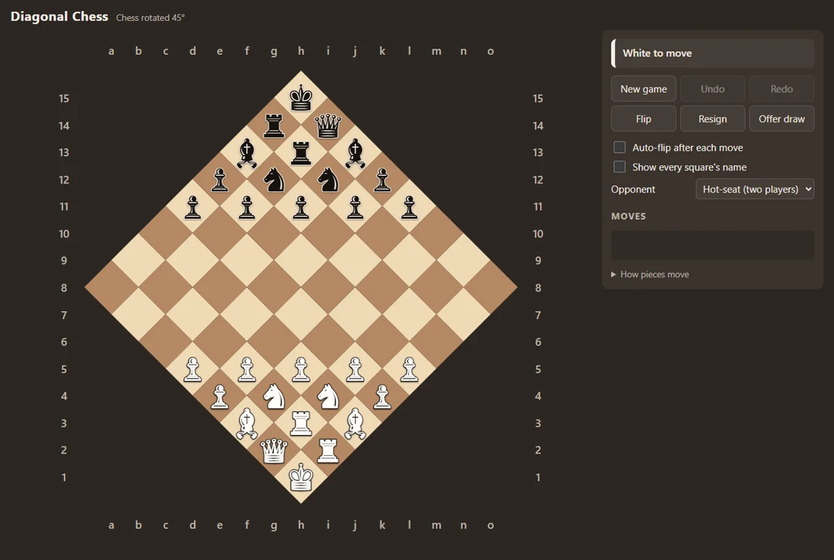Diagonal Chess: an 8 by 8 board drawn as a diamond