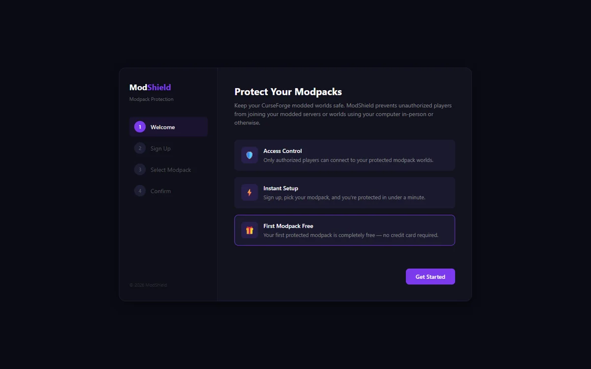 ModShield demo: a four-step onboarding wizard for a concept modpack-protection service