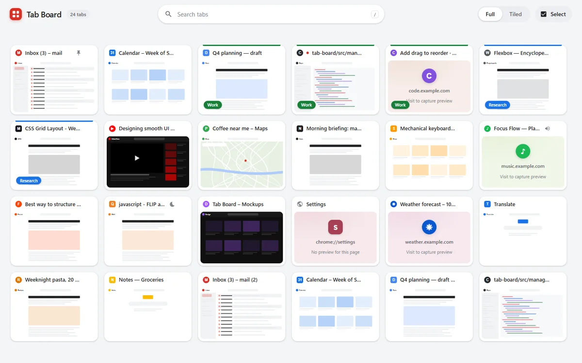 Tab Board: a grid of browser tab previews with search and grouping