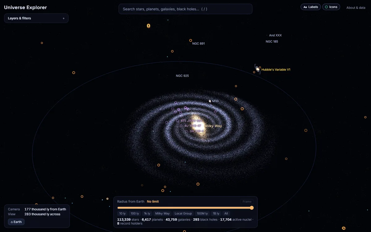 Universe Explorer: a particle Milky Way seen from above, with black holes and nearby galaxies marked